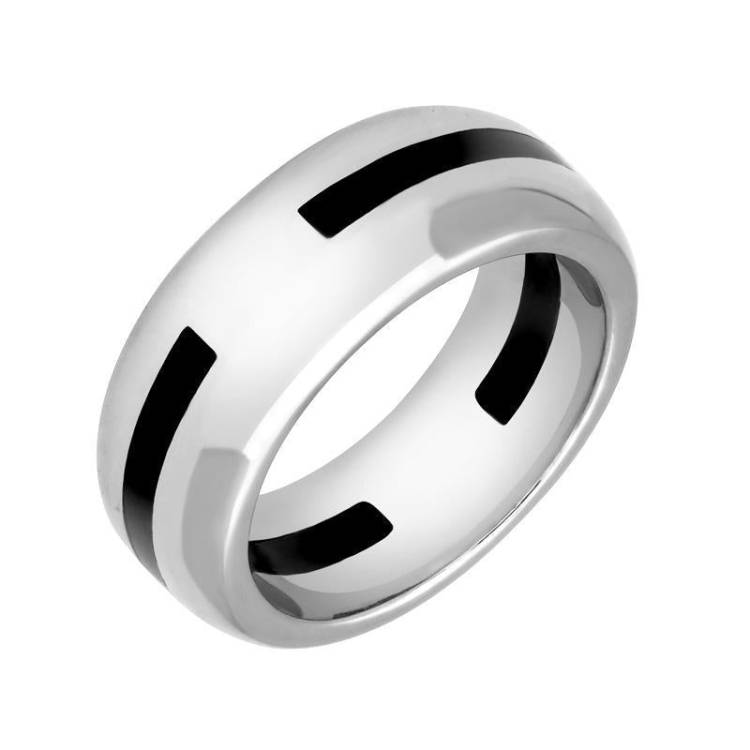 9ct White Gold Whitby Jet 2mm Stone Inlaid Wedding Band Ring - White Gold