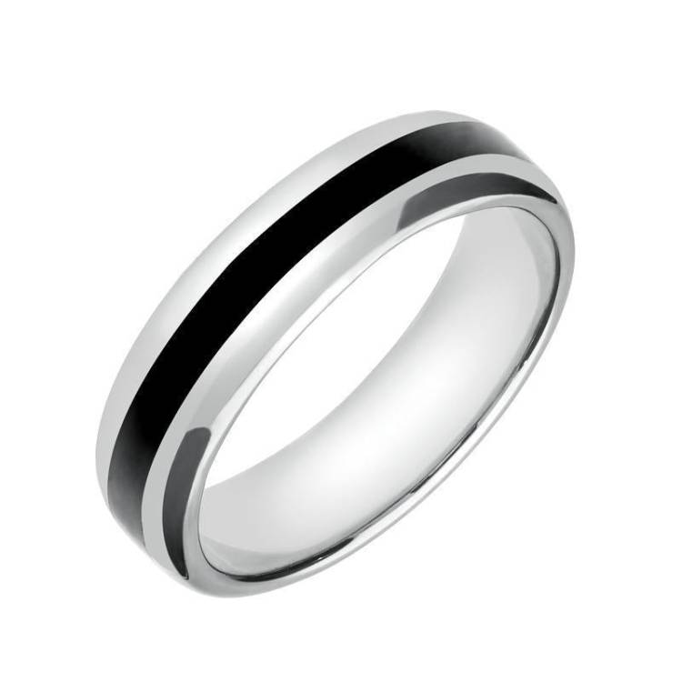 Sterling Silver Whitby Jet 2mm Stone Inlaid Wedding Band Ring - Silver