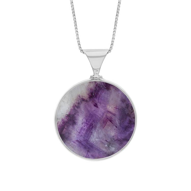 9ct White Gold Whitby Jet Blue John King's Coronation Hallmark Double Sided Round Necklace