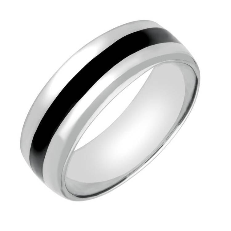 9ct White Gold Whitby Jet Inlaid Wide Wedding Band Ring - White Gold