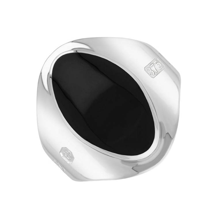 9ct White Gold Whitby Jet King's Coronation Hallmark Small Oval Ring - Z