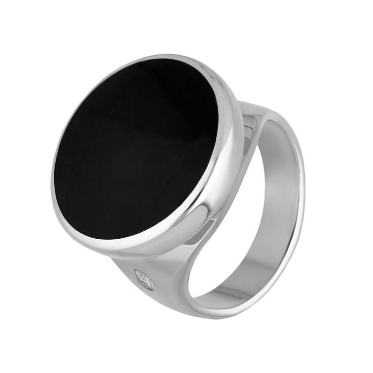 9ct White Gold Whitby Jet King's Coronation Hallmark Small Round Ring - R