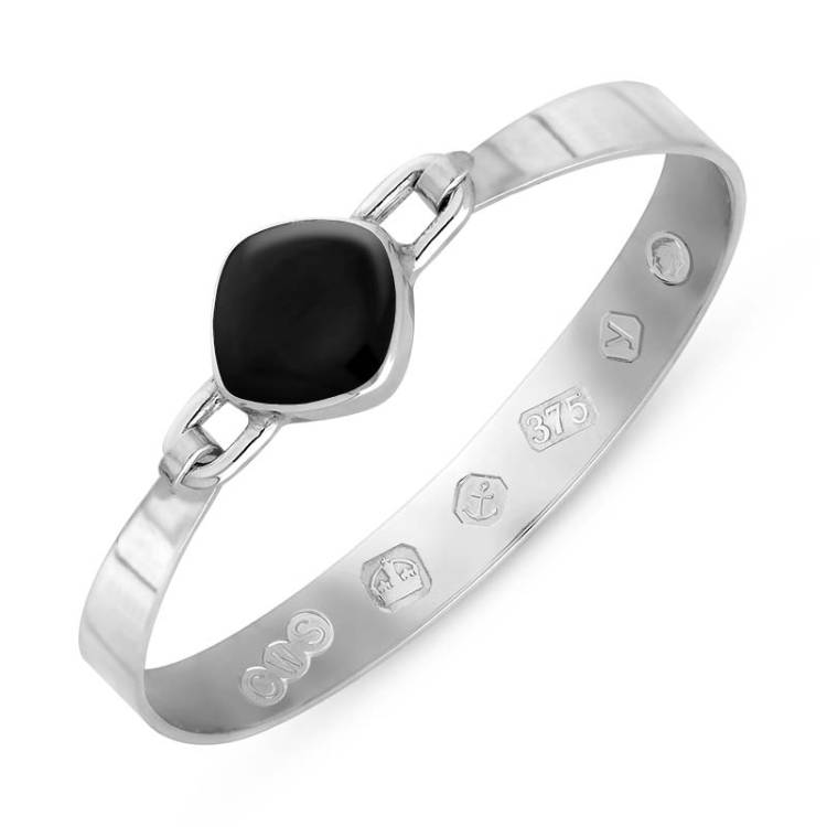 9ct White Gold Whitby Jet King's Coronation Hallmark Wide Cushion Bangle