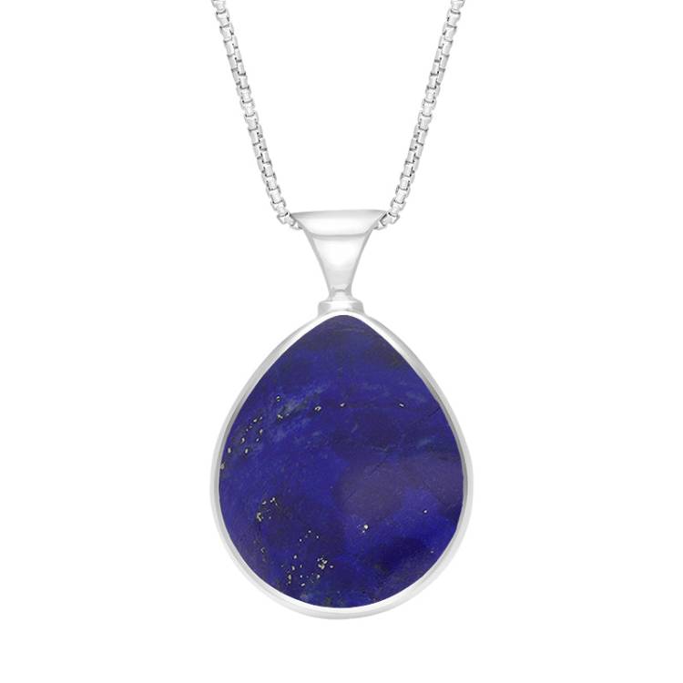 9ct White Gold Whitby Jet Lapis King's Coronation Hallmark Double Sided Pear-shaped Necklace