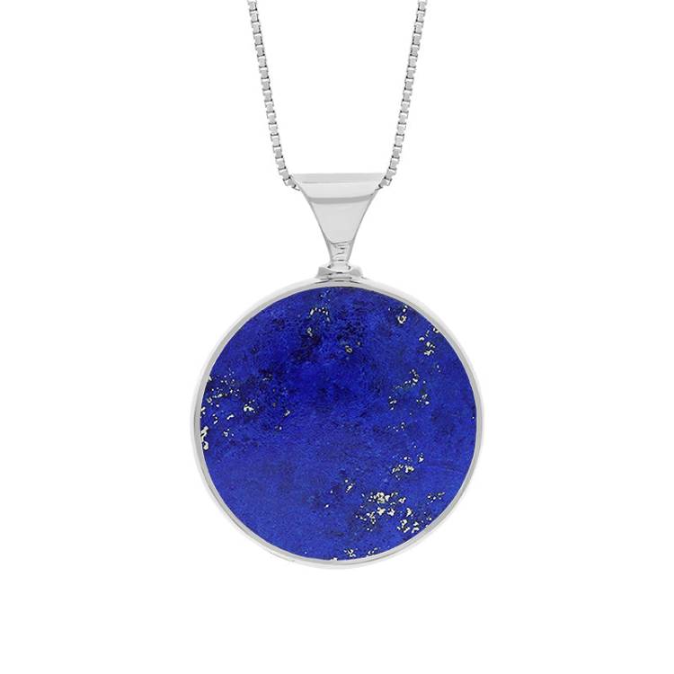 9ct White Gold Whitby Jet Lapis King's Coronation Hallmark Double Sided Round Necklace
