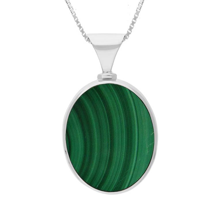 9ct White Gold Whitby Jet Malachite King's Coronation Hallmark Double Sided Oval Necklace