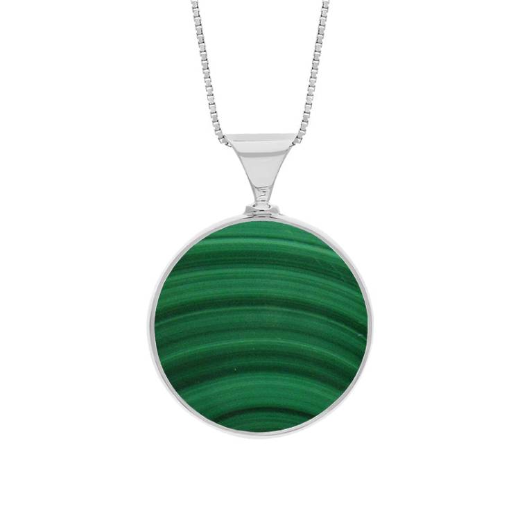 9ct White Gold Whitby Jet Malachite King's Coronation Hallmark Double Sided Round Necklace