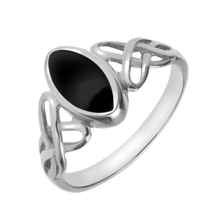9ct White Gold Whitby Jet Marquise Celtic Ring - White Gold