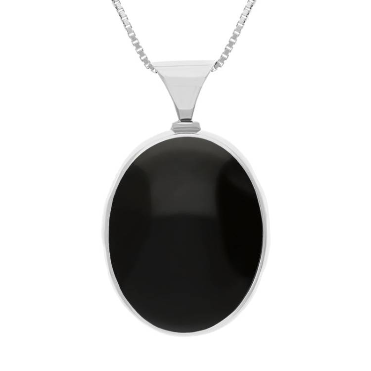 9ct White Gold Whitby Jet Mother of Pearl King's Coronation Hallmark Double Sided Oval Necklace