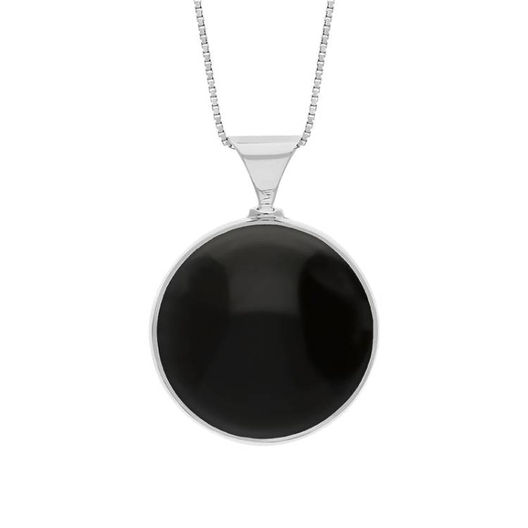 9ct White Gold Whitby Jet Mother of Pearl King's Coronation Hallmark Double Sided Round Necklace