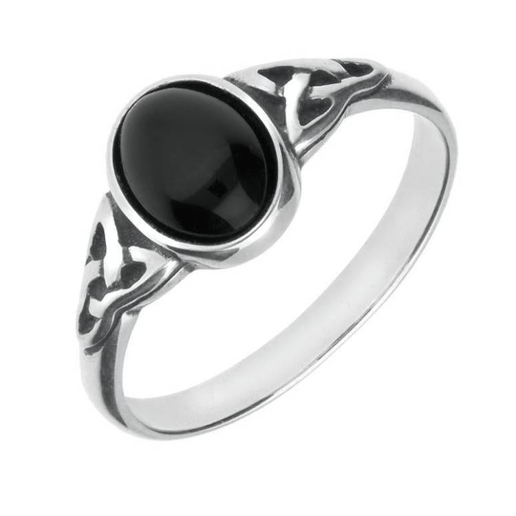 9ct White Gold Whitby Jet Oval Celtic Shoulder Ring - Option1 Value White Gold