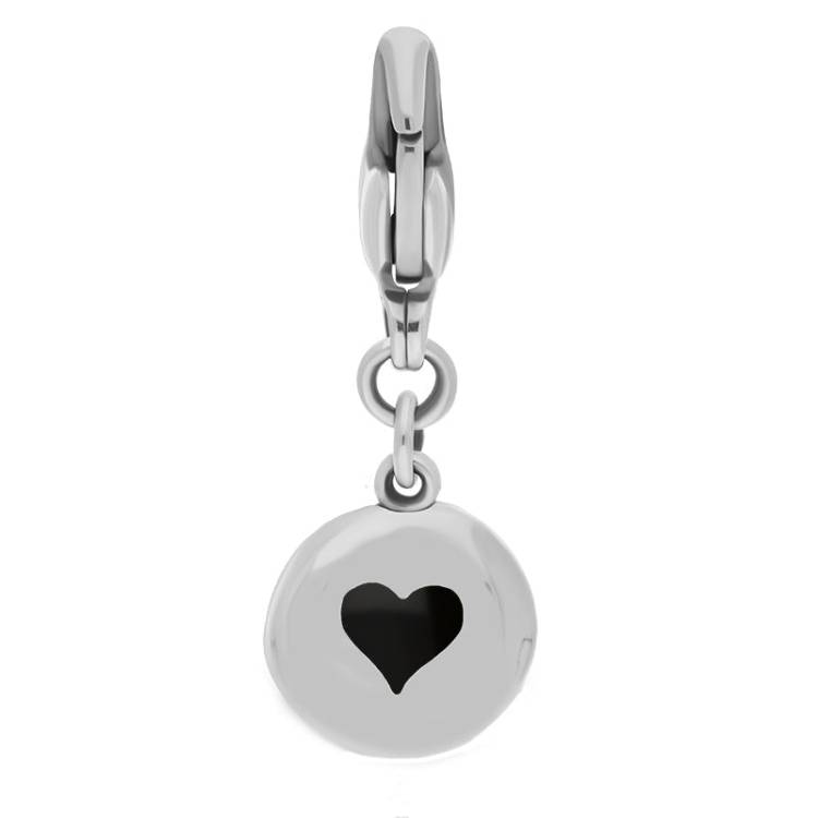 9ct White Gold Whitby Jet Round Shaped Heart Clip Charm - Option1 Value White Gold
