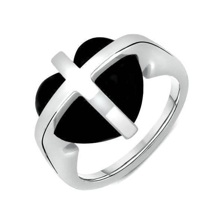 9ct White Gold Whitby Jet Cross Heart Ring - Option1 Value White Gold