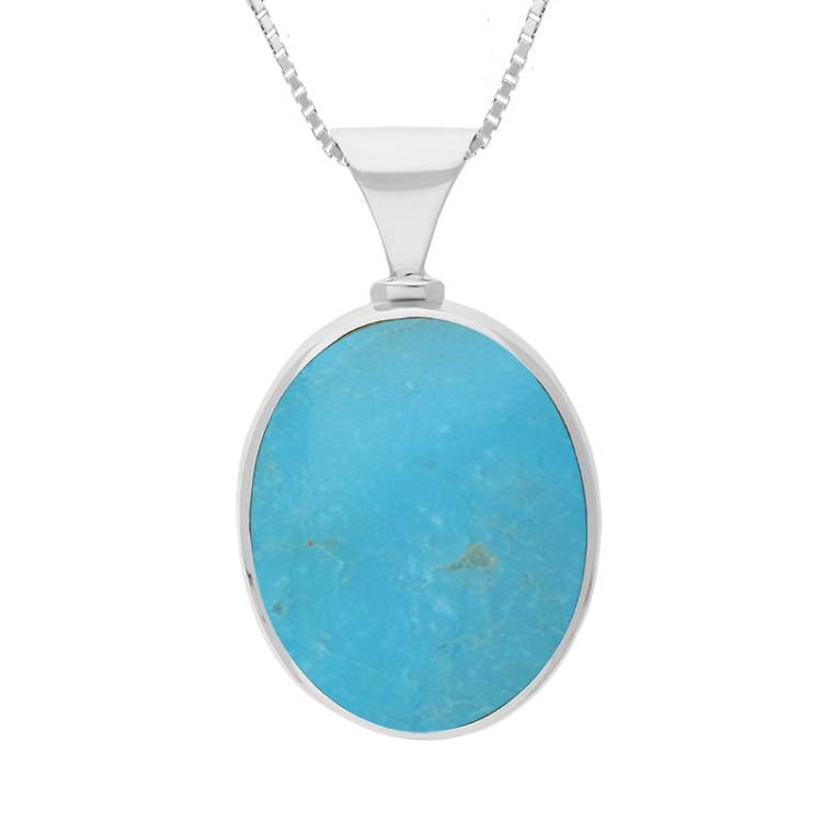 9ct White Gold Whitby Jet Turquoise King's Coronation Hallmark Double Sided Oval Necklace