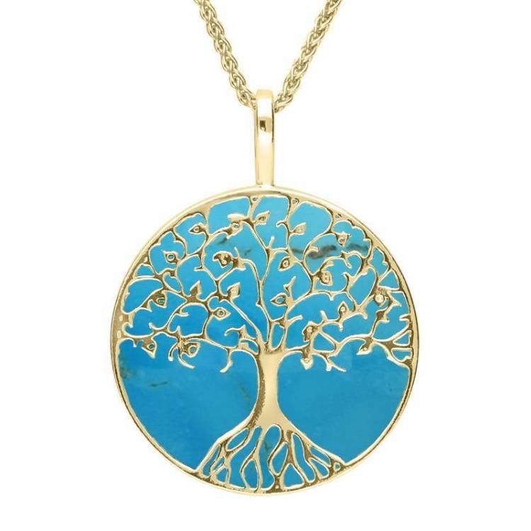 9ct Yellow Gold Turquoise Round Tree Of Life Necklace