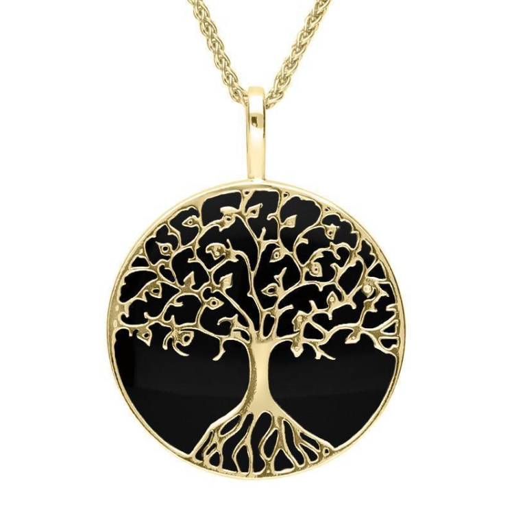 9ct Yellow Gold Whitby Jet Round Tree Of Life Necklace