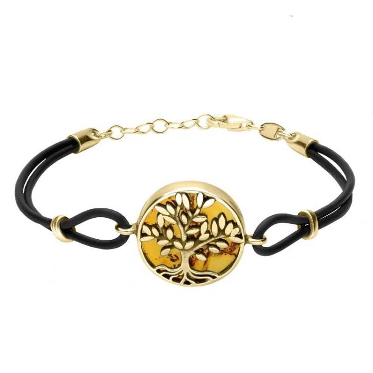 9ct Yellow Gold Amber Cord Round Large Leaves Tree of Life Bracelet - Yellow Gold