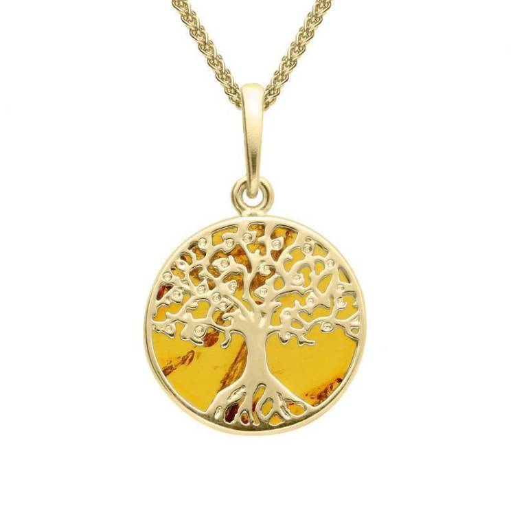 9ct Yellow Gold Amber Small Round Tree Of Life Necklace - Option1 Value Yellow Gold
