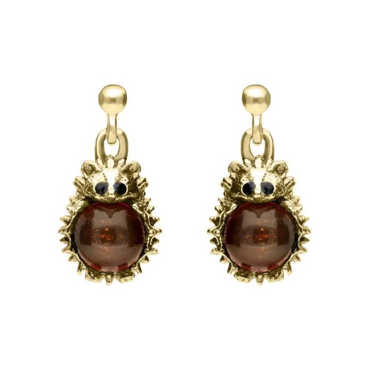 9ct Yellow Gold Amber Tiny Hedgehog Drop Earrings - Yellow Gold