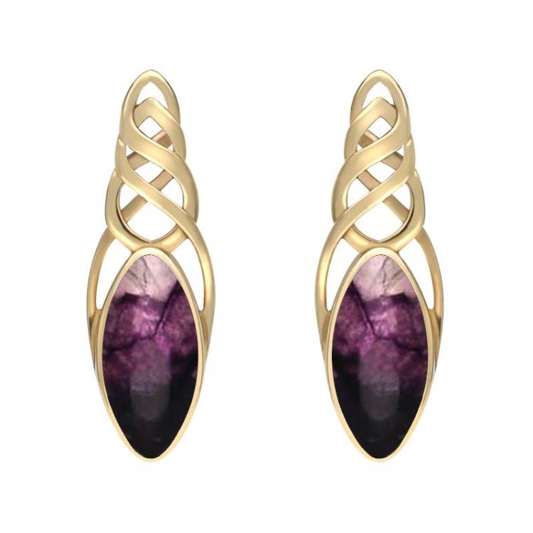 9ct Yellow Gold Blue John Celtic Long Marquise Stud Earrings - Yellow Gold
