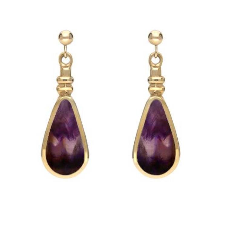 9ct Yellow Gold Blue John Bottle Top Pear Drop Earrings - Yellow Gold