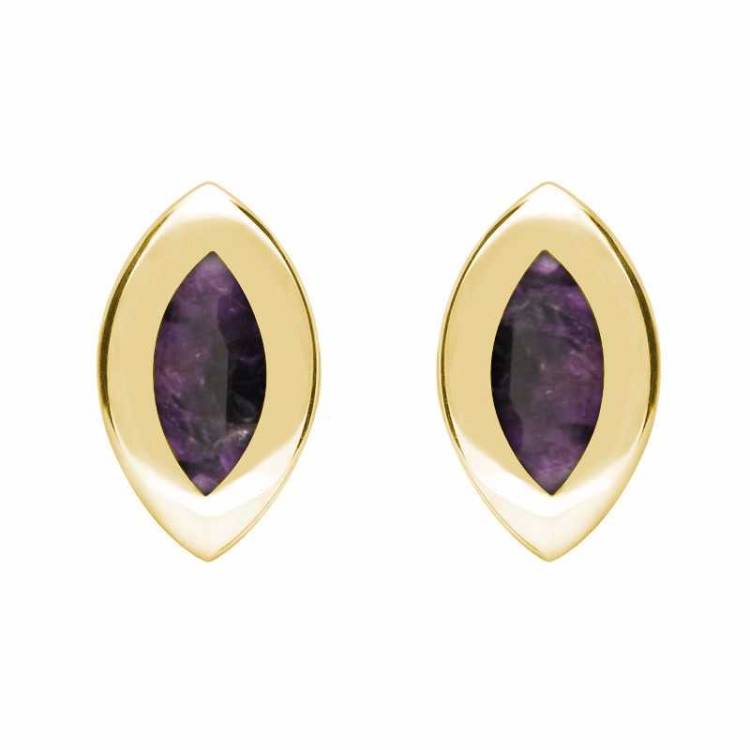 9ct Yellow Gold Blue John Framed Marquise Stud Earrings - Yellow Gold