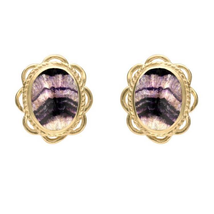 9ct Yellow Gold Blue John Large Rope Oval Frill Stud Earrings - Option1 Value Yellow Gold