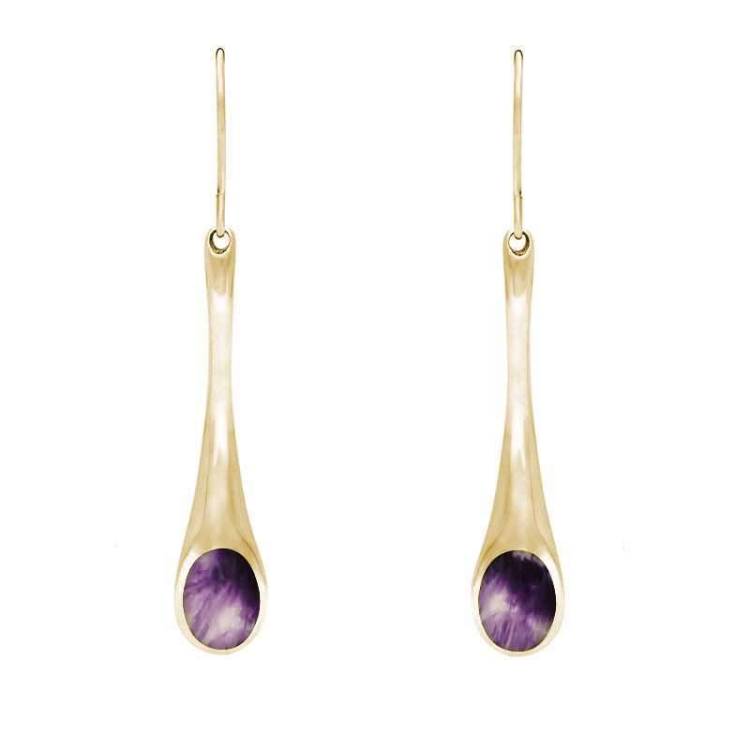 9ct Yellow Gold Blue John Long Tapered Drop Hook Earrings - Yellow Gold