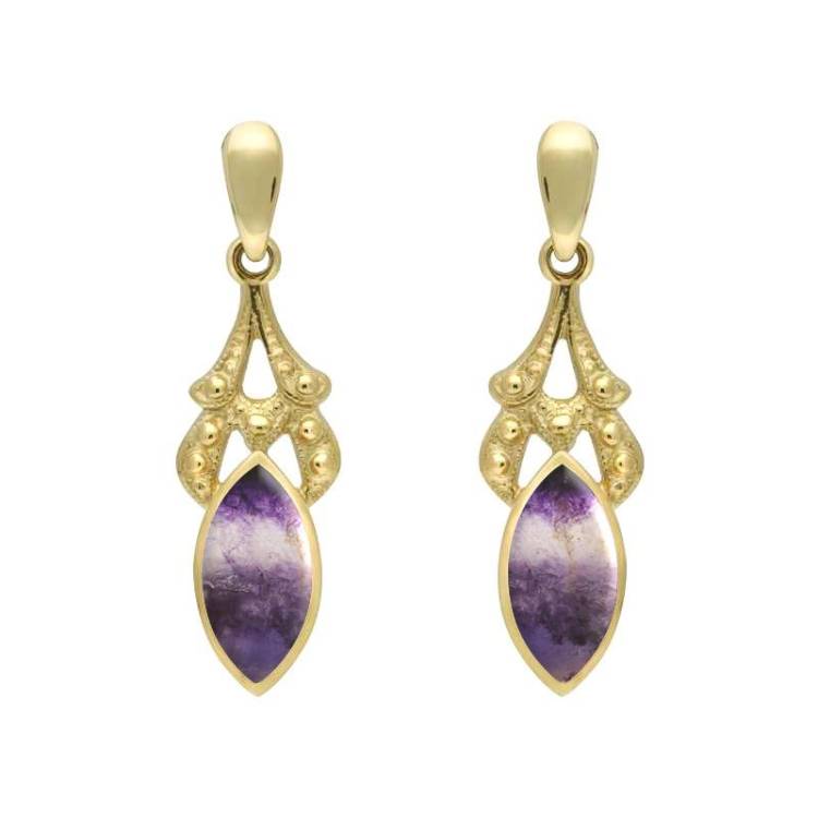 9ct Yellow Gold Blue John Marquise Drop Earrings - Yellow Gold