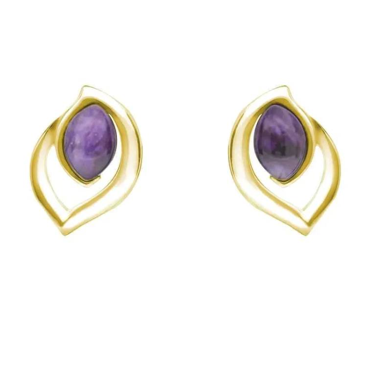 9ct Yellow Gold Blue John Marquise Flame Stud Earrings - Yellow Gold