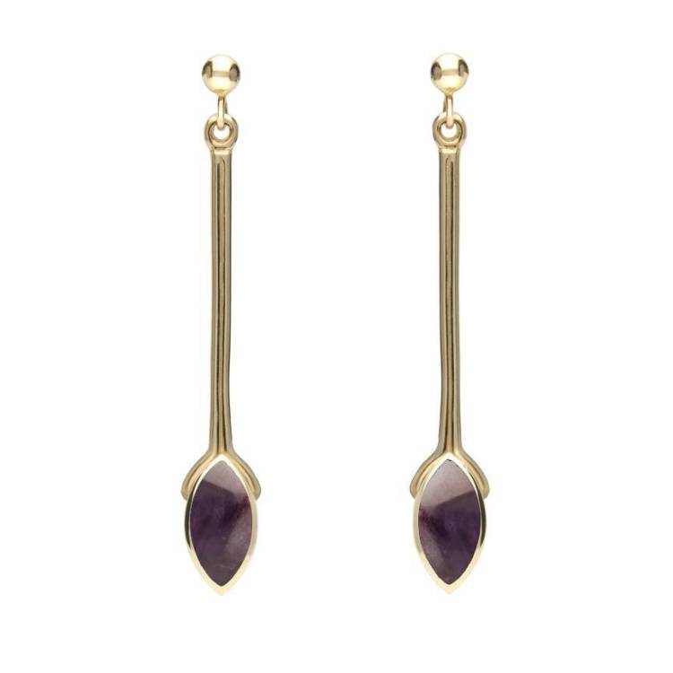 9ct Yellow Gold Blue John Marquise Long Drop Earrings - Option1 Value Yellow Gold