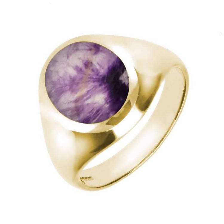 9ct Yellow Gold Blue John Medium Oval Signet Ring - Yellow Gold