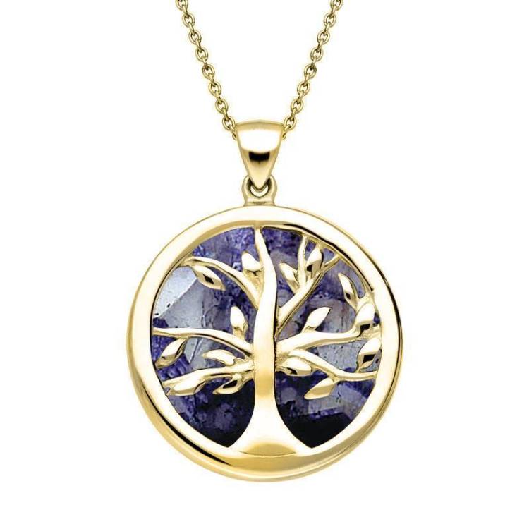 9ct Yellow Gold Blue John Medium Round Tree of Life Necklace