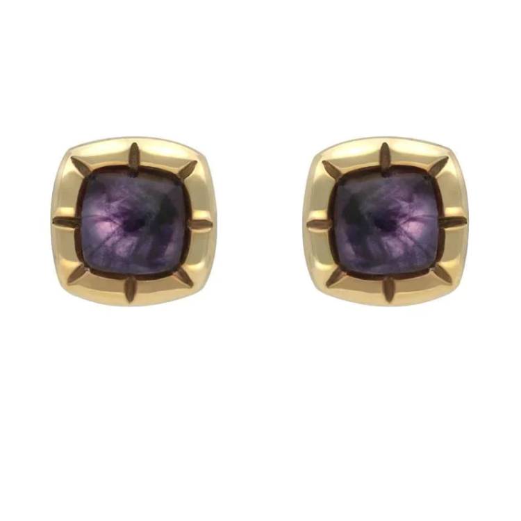 9ct Yellow Gold Blue John Ridged Cushion Stud Earrings - Yellow Gold