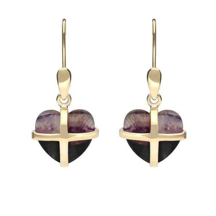 9ct Yellow Gold Blue John Small Cross Heart Drop Earrings - Yellow Gold