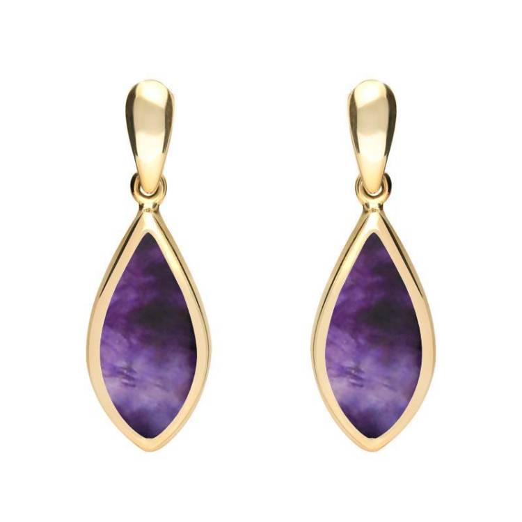 9ct Yellow Gold Blue John Small Pointed Pear Drop Earrings - Yellow Gold