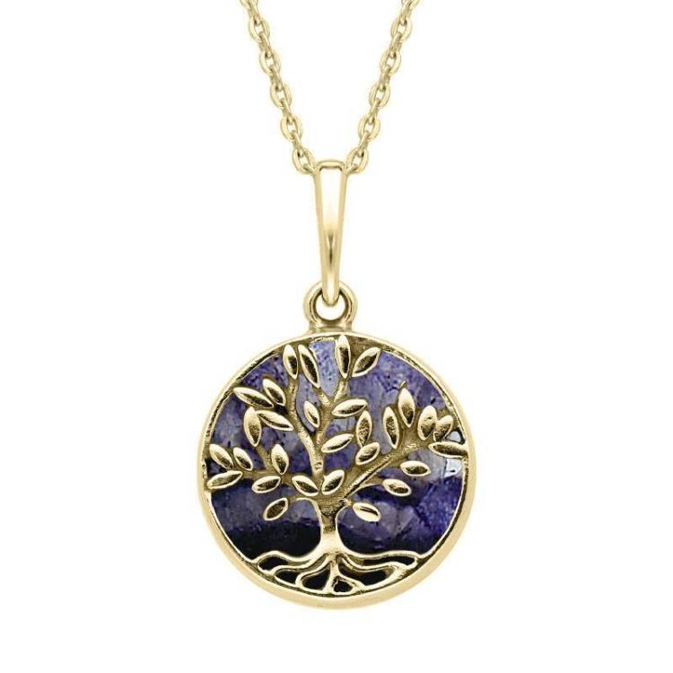 9ct Yellow Gold Blue John Small Round Large Leaves Tree of Life Necklace