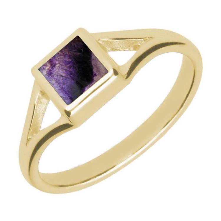 9ct Yellow Gold Blue John Square Split Shoulder Ring - Yellow Gold