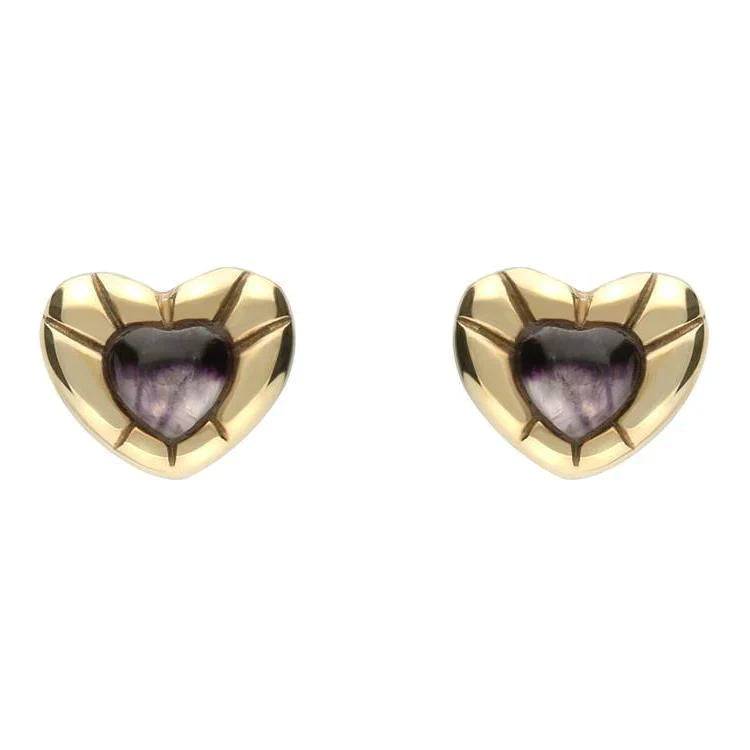9ct Yellow Gold Blue John Stone Heart Stud Earrings - Yellow Gold
