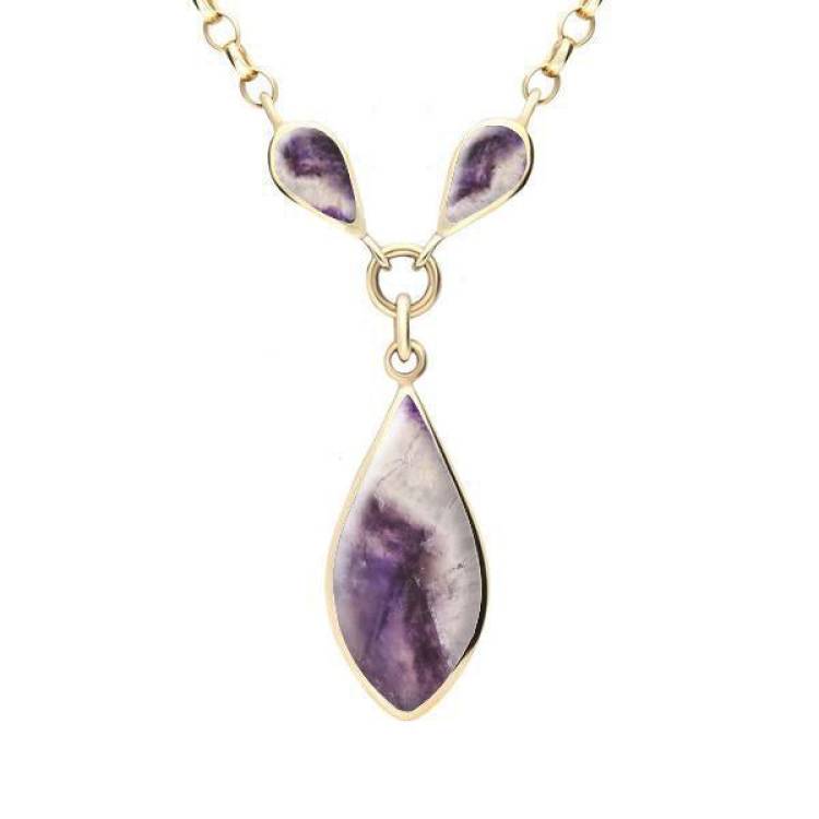 9ct Yellow Gold Blue John Three Stone Pear Necklace - Yellow Gold