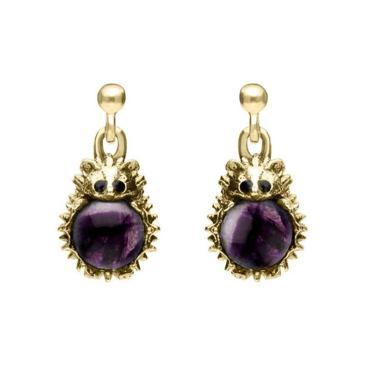 9ct Yellow Gold Blue John Tiny Hedgehog Drop Earrings - Silver