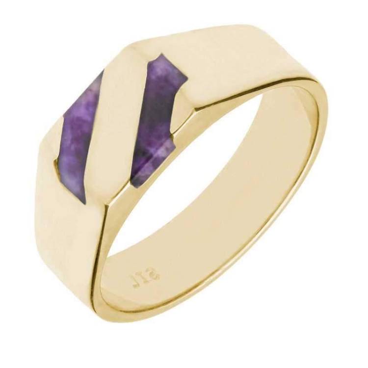 9ct Yellow Gold Blue John Two Stone Slither Signet Ring - Yellow Gold