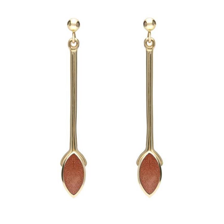 9ct Yellow Gold Brown Goldstone Long Marquise Drop Earrings