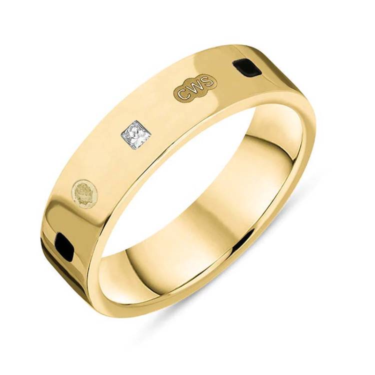 9ct Yellow Gold 0.12ct Diamond Whitby Jet King's Coronation Hallmark Princess Cut 5mm Ring - V