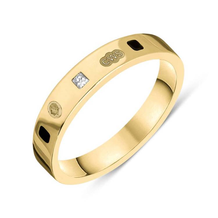 9ct Yellow Gold 0.09ct Diamond Whitby Jet King's Coronation Hallmark Princess Cut 4mm Ring - Y