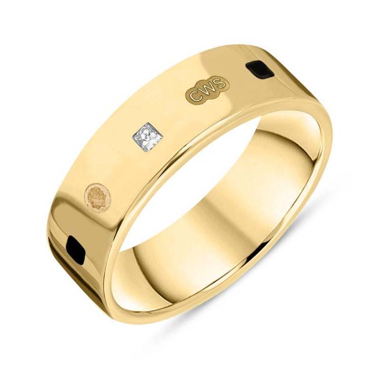 9ct Yellow Gold 0.18ct Diamond Whitby Jet King's Coronation Hallmark Princess Cut 6mm Ring - M