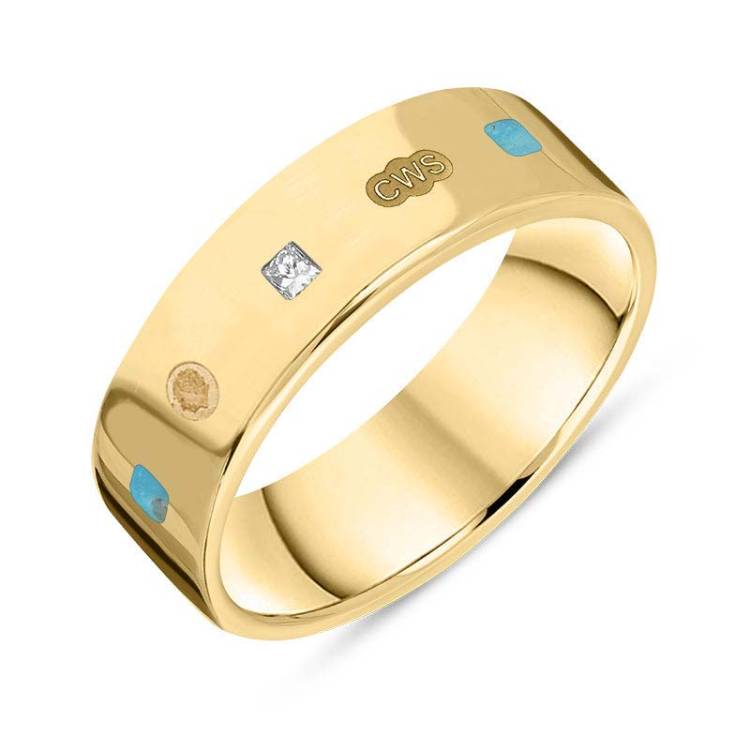 9ct Yellow Gold 0.18ct Diamond Turquoise King's Coronation Hallmark Princess Cut 6mm Ring - Z
