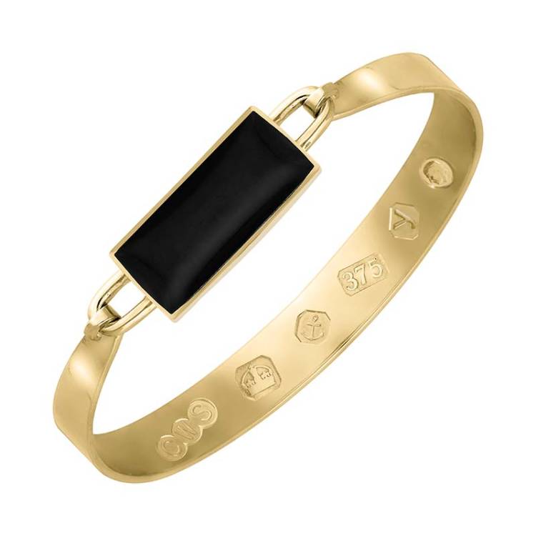 9ct Yellow Gold Whitby Jet King's Coronation Hallmark Wide Oblong Bangle