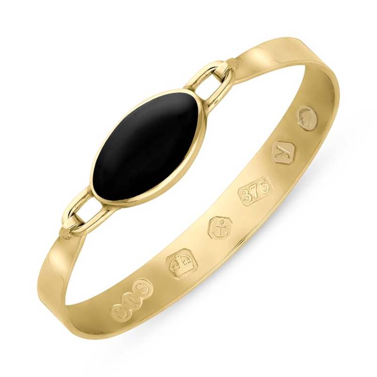 9ct Yellow Gold Whitby Jet King's Coronation Hallmark Wide Oval Bangle