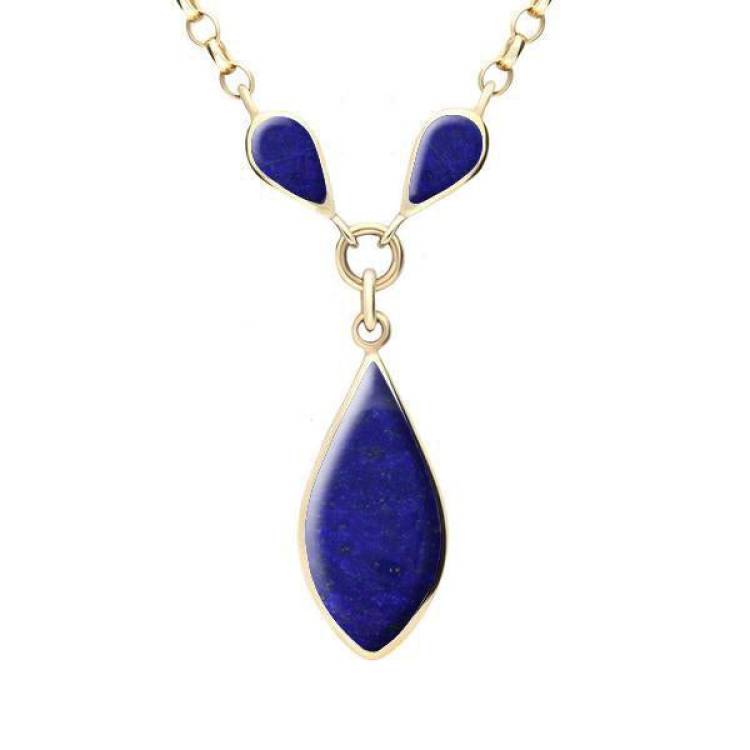 9ct Yellow Gold Lapis Lazuli Three Stone Pear Necklace - Yellow Gold